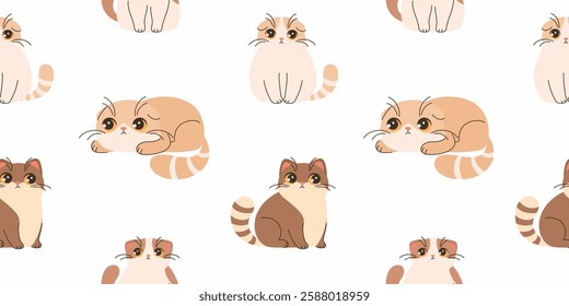 Seamless pattern with the image of cute cats. Cartoon cats in different poses and different colors. Flat vector illustration.