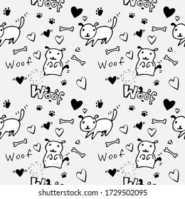 Seamless pattern with the image of cute dogs, bone, hearts, paw footprint, inscription woof. black and white. can be used for clothing (t-shirts, sweatshirts, socks, children's things), notebooks web