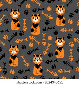 Seamless pattern with the image of a cute fluffy orange cat surrounded by paw prints and fish skeletons on a gray background