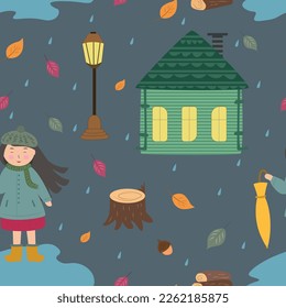 Seamless pattern with the image of a cute girl with an umbrella, a house and other autumn elements