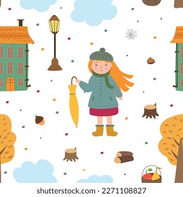 Seamless pattern with the image of a cute girl in the city in the autumn season. Cartoon style