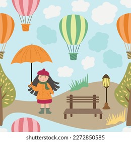 Seamless pattern with the image of a cute girl in a meadow. 
 Balloons.Cartoon style.