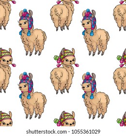 Seamless pattern with the image of cute llamas in doodle style. Colorful vector background