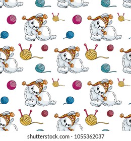 Seamless pattern with the image of cute llamas in doodle style. Colorful vector background