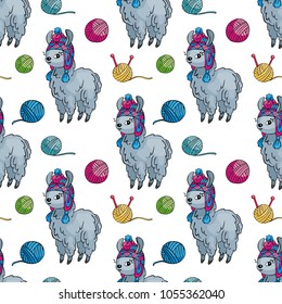 Seamless pattern with the image of cute llamas in doodle style. Colorful vector background