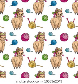 Seamless pattern with the image of cute llamas in doodle style. Colorful vector background