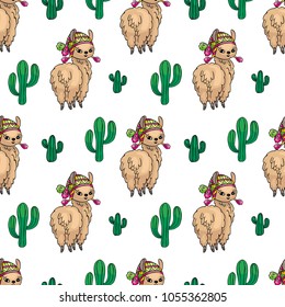Seamless pattern with the image of cute llamas in doodle style. Colorful vector background