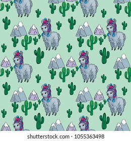 Seamless pattern with the image of cute llamas in doodle style. Colorful vector background