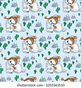 Seamless pattern with the image of cute llamas in doodle style. Colorful vector background