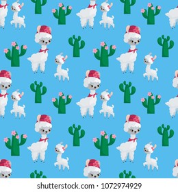 Seamless pattern with the image of cute llamas in cartoon style. Colorful vector background