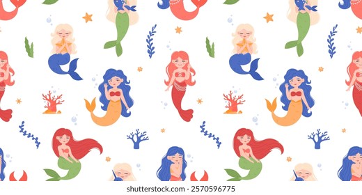 Seamless pattern with the image of cute mermaids in different poses in a cartoon style. Starfish, corals, algae. Flat vector illustration.