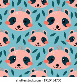 Seamless pattern with the image of a cute panda face on a green background in vector graphics. For the design of wallpapers, covers, prints for textiles, childrens clothing, wrapping paper, packaging.