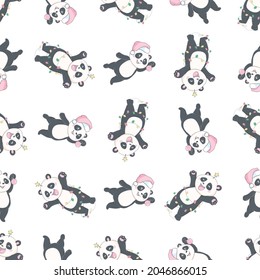 Seamless pattern with the image of a cute Panda in a cartoon style. Children vector background.