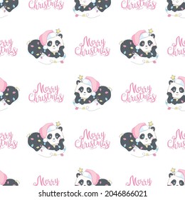 Seamless pattern with the image of a cute Panda in a cartoon style. Children vector background.