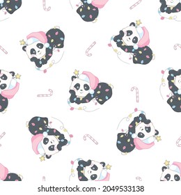 Seamless pattern with the image of a cute panda in a Santa Claus hat in a cartoon style. Vector background for children.
