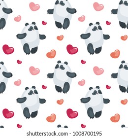 Seamless pattern with the image of cute pandas and hearts. Colorful vector background.