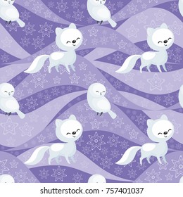 Seamless pattern with the image of the cute polar animals. Vector background.