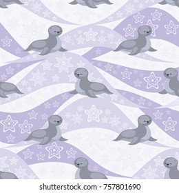 Seamless pattern with the image of the cute polar animals. Vector background.