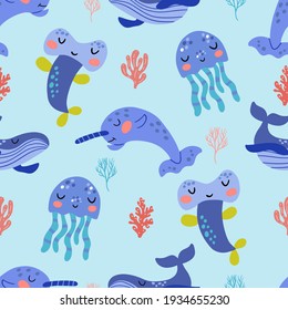 Seamless Pattern With The Image Of Cute Sea Animals In Vector Graphics. For The Design Of Prints On Fabrics, Baby Clothes, Covers, Wallpapers, Wrapping Paper, Pajamas Child