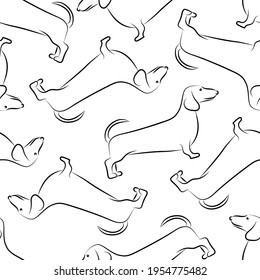 Seamless pattern with the image of a dachshund in a sketch style. Design for paper, textiles and decor. Black and white vector illustration.