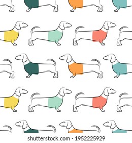 Seamless pattern with the image of dachshunds in multicolored T-shirts. Funny print. Design for paper, textile and decor.