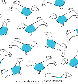 Seamless pattern with the image of dachshunds in T-shirts. Design for paper, textiles and decor.