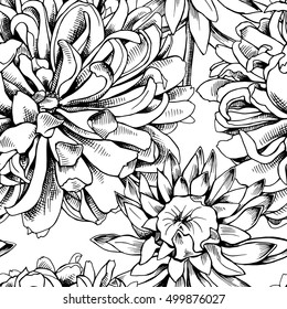 Seamless pattern with image of a Dahlia flower. Vector black and white illustration.