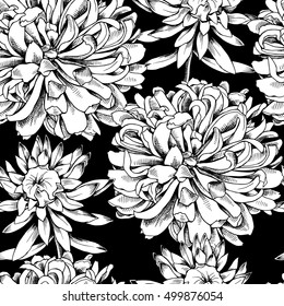Seamless pattern with image of a Dahlia flower. Vector black and white illustration.