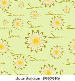 seamless pattern with the image of daisies and the words "summer" in yellow-green tones of bed linen for prints on fabric, packaging, towels, napkins, as well as for interior decoration
