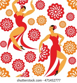seamless pattern with the image of the dancers of a flamenco in a red dress 