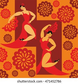 seamless pattern with the image of the dancers of a flamenco in a red dress 