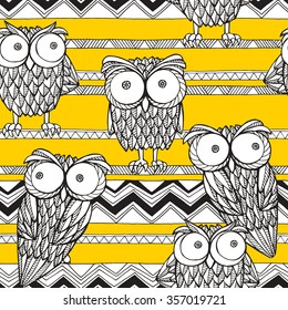 Seamless pattern with image of decorative owl and ornament on a yellow background. Vector illustration.