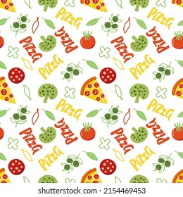 Seamless pattern with the image of delicious healthy food on a white background. Vector graphics for wrapping paper, wallpapers, bags, prints for kitchen textiles.