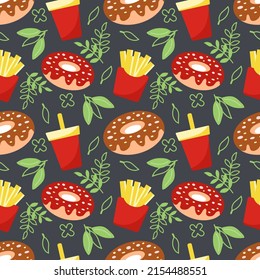 Seamless pattern with the image of delicious healthy food on a black   background. Vector graphics for wrapping paper, wallpapers, bags, prints for kitchen textiles.