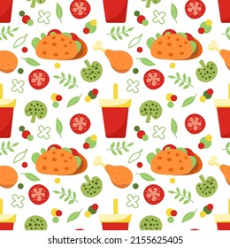 Seamless pattern with the image of delicious healthy food on a white background. Vector graphics for wrapping paper, wallpapers, bags, prints for kitchen textiles.