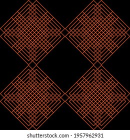 seamless pattern with the image of a diamond-shaped geometric ornament in orange on a dark background for printing on fabrics and for interior decoration
