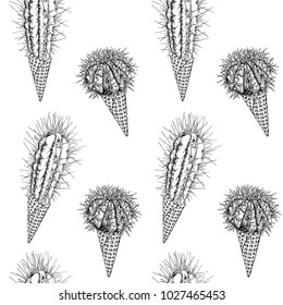 Seamless pattern with image of a different cacti in a ice cream waffle cone. Vector black and white illustration.