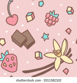 seamless pattern with the image of different flavors. color vector. vanilla, chocolate, sugar, berries, raspberries, strawberries, cherries on a pink background.