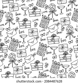 Seamless pattern with the image of different gifts, lollipops, candies, hearts, glasses. Vector pattern can be used for wrapping paper for Valentine's Day, Christmas, Birthday