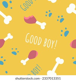 Seamless pattern with the image of dog attributes. Vector illustration for pet shops on bright yellow background.