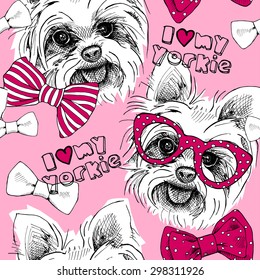 Seamless pattern with image of a dog York, bows, glasses, tie on pink background. Vector illustration.