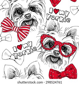 Seamless pattern with image of a dog York, bows, glasses, tie. Vector illustration.