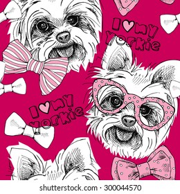 Seamless pattern with image of a dog York, bows, glasses, tie on pink background. Vector illustration.