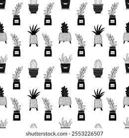 Seamless pattern with the image of domestic plants in pots - cacti, succulents, palm trees. Linear patterns made by hand. Black and white design for fabric, wrapping paper, stationery, background