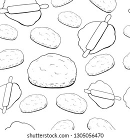 Seamless pattern with the image of the dough. Rolling pin, yeast dough in the pan, rolled out dough. All on white. For design, menu, bakery, cafe, restaurant, packaging. Coloring.