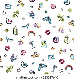 Seamless pattern with the image elements fashion industry, drawn in the style of freehand drawing