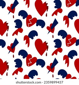 Seamless pattern with the image of the elements of the heartthrob. The search for new halves, hearts with wings, the heart is bleeding. Conceptual illustration. Ideal for decorating textile packaging