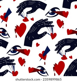 Seamless pattern with the image of the elements of the heartthrob. Manipulating hands, shooting eyes at hearts, bleeding hearts. Conceptual illustration. Ideal for decorating textile packaging