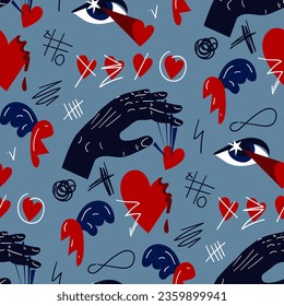 Seamless pattern with the image of the elements of the heartthrob. Hand manipulating, eyes shooting hearts, crossed out hearts on blue. Conceptual illustration. Ideal for decoration textiles packaging