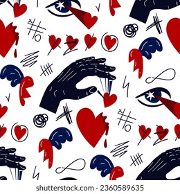 Seamless pattern with the image of the elements of the heartthrob. Hand manipulating, eyes shooting hearts, crossed out hearts. Conceptual illustration. Ideal for decoration textiles packaging